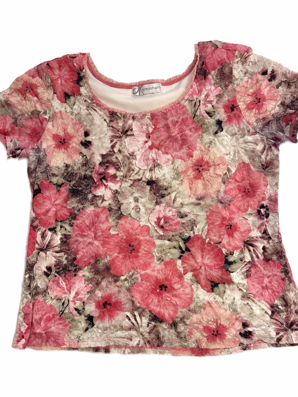 Dressbarn Pink Lace Floral Short-Sleeve Top